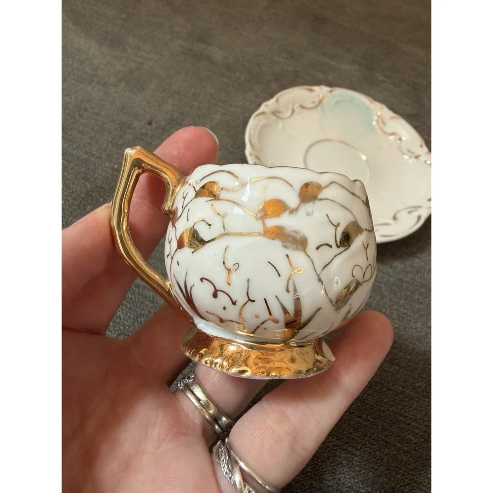 Demitasse Cup & Saucer High Handle Gold On Fine White Porcelain Vintage FLAW